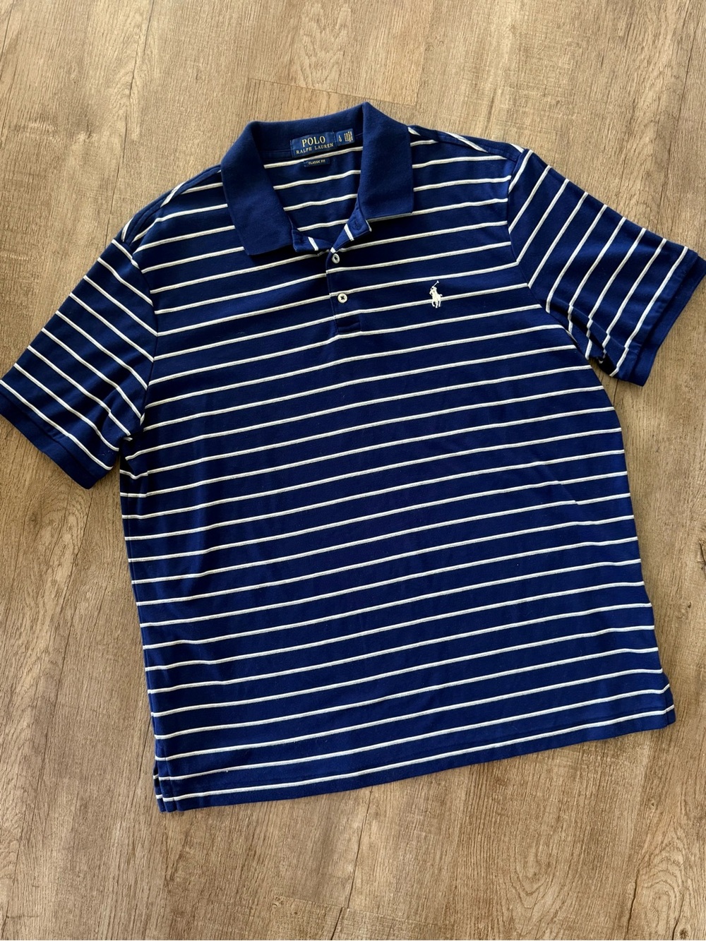Men’s Polo Ralph Lauren Navy Striped Polo Shirt with White Pony - Picture 2 of 4